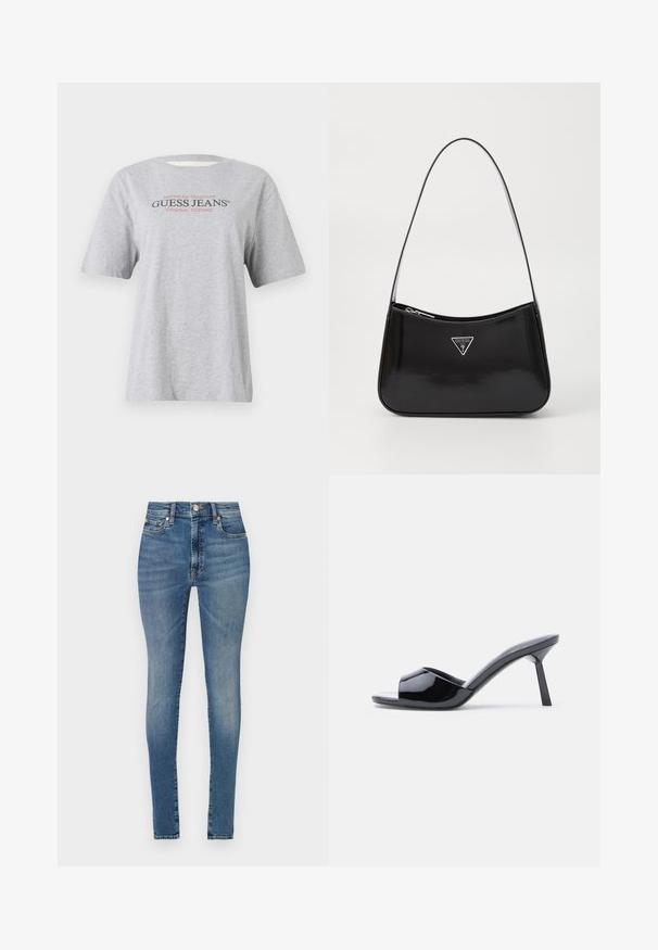 Graues T-Shirt mit kurzen Ärmeln, auf dem der Text "American Tradition GUESS JEANS® ORIGINAL DESIGNS" in schwarzen und roten Buchstaben abgebildet ist.; Hochgeschnittene Skinny Jeans aus hellblauem Denim, mit Fünf-Taschen-Stil, Gürtelschlaufen und einem Reißverschluss mit Knopfverschluss.; Schwarze Sandalen mit Absatz aus Lackleder, offenem Zehenbereich, mit geschwungenem Obermaterial und spitz zulaufendem Stilettoabsatz. Glatte, glänzende Oberfläche.; Schwarze patentierte Leder-Schultertasche mit geschwungener Form, ausgestattet mit einem silbernen Dreieckslogo und einem Reißverschluss. Glatte Textur und schmaler Riemen.