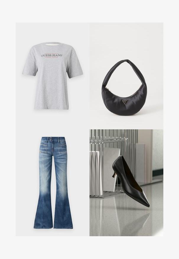 Grå kortærmet T-shirt med teksten "American Tradition GUESS JEANS® ORIGINAL DESIGNS" i sort og rød skrift.; Udsvingede blå denimjeans med en lys til mørk gradient, to forlommer og lukning med knap. Har minimal syning og en glat overflade.; Sort læder sko med spids tå og lav hæl, der svæver over en grå plettet gulv, ved siden af en metal filopsamler med mapper.; Sort satin håndtaske med en buet form, der har en lynlåslukning og et trekantet logo i metal på forsiden. Glat tekstur og slankt design.