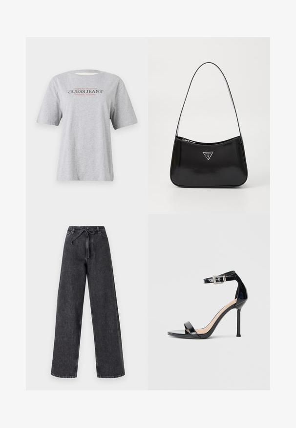 Grå kortærmet T-shirt med teksten "American Tradition GUESS JEANS® ORIGINAL DESIGNS" i sort og rød skrift.; Højtaljede, brede ben sorte denim jeans med snørelukning. Har en falmet tekstur og subtile syninger.; Sort højhælet sandal i laklæder med ankelrem. Har minimalistisk design, åben tå og spænde med rhinsten-detaljer.; Sort patenteret læder skuldertaske med en buet form, prydet med et sølvfarvet trekantet logo og en lynlås-lukning. Glat tekstur og slank rem.