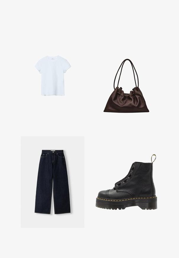 Effen lichtblauw T-shirt met korte mouwen en een ronde hals, plat gelegd op een witte achtergrond.; Donkerblauwe denim wijduitlopende jeans met een hoge taille, vijf zakken, contrasterende stiksels en zilveren metalen hardware. Gladde textuur en een nette afwerking.; Zwarte leren enkelboot met een gestructureerd oppervlak, ronde neus, vetersluiting, gele stiksels en een dikke, geribbelde zwarte plateauzool.; Zachte donkerbruine leren handtas met een slungelige vorm en twee dunne schouderbandjes tegen een witte achtergrond.