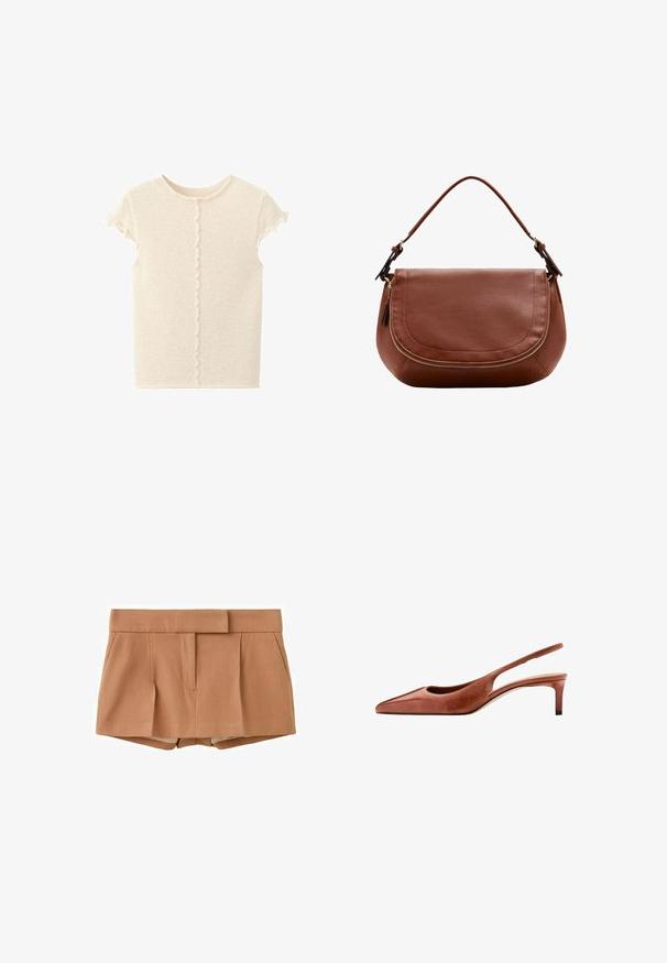 Haut en maille crème à manches courtes avec bordure texturée ondulée courant verticalement au centre et le long des manches.; Shorts marron clair taille haute, ajustés, avec plis avant et poches latérales, dotés d'une ceinture large avec fermeture dissimulée.; Chaussure slingback en cuir marron à bout pointu, petit talon kitten et fine bride autour du talon sur fond blanc.; Sac à bandoulière en cuir marron avec rabat arrondi et détail de fermeture éclair dorée, doté d'une bandoulière réglable unique.