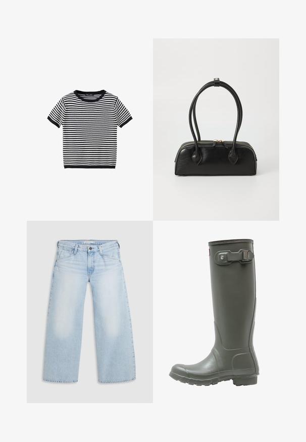 Sort og hvid kortærmet strikket trøje med horisontale striber, rund halsudskæring og ribstrikkede manchetter og kant.; Lyseblå vid nederdel jeans lavet af denim. Har lige snit, fem lommers design og knaplukning i taljen.; Grønne gummistøvler i knæhøjde med en tekstureret sål, rund tå, justerbar spænde på siden og glat finish.; Sort læder håndtaske med to langstrakte håndtag, lynlåslukning og afrundet form; glat tekstur med en subtil blank finish.