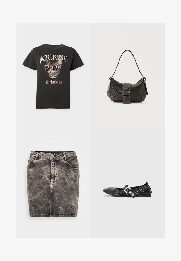 Camiseta negra con un gato que lleva gafas de sol rosas y las palabras "ROCKING" arriba y "furbulous" debajo del gráfico del gato.; Minifalda de mezclilla en negro con un patrón de estrellas desvanecido. Presenta una cintura alta, cinco bolsillos y costuras en contraste. Cierre clásico de botón.; Zapato plano de piel negra con puntera afilada, detalle fruncido alrededor de la abertura y un acento de hebilla plateada en la correa ajustable.; Bolso de hombro de cuero negro con detalle de correa con hebilla, bordes curvos y costuras blancas en contraste sobre un fondo liso.