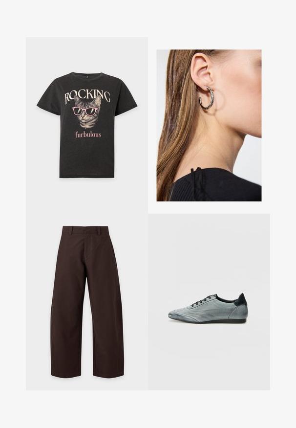 T-shirt noir avec un chat portant des lunettes de soleil roses et les mots "ROCKING" au-dessus et "furbulous" en dessous du graphisme du chat.; Pantalon large marron foncé avec passants de ceinture et détails de couture avant, présenté sur un fond clair uni.; Baskets en cuir gris clair au design épuré, avec des détails cousus, des lacets noirs et un accent de talon foncé. Semelle en caoutchouc.; Boucle d'oreille en argent avec une finition polie, présentant de petits détails en or et de forme ronde, portée sur le lobe.