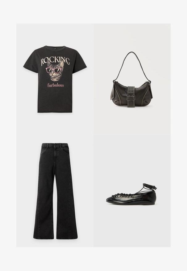 Schwarzes T-Shirt mit einer Katze, die rosa Sonnenbrillen trägt, und den Worten "ROCKING" über und "furbulous" unter der Katzengrafik.; Hochtaillierte schwarze Jeans aus Denim mit weitem Bein, ausgestattet mit Fronttaschen und einem Knopfverschluss an der Taille.; Schwarze Ballerinas aus Lackleder mit runder Spitze, Schnürdesign und flacher Sohle. Glatte Textur mit minimaler Verzierung.; Schwarze Leder-Schultertasche mit Schnallengurt-Detail, abgerundeten Kanten und kontrastierenden weißen Nähten auf schlichtem Hintergrund.