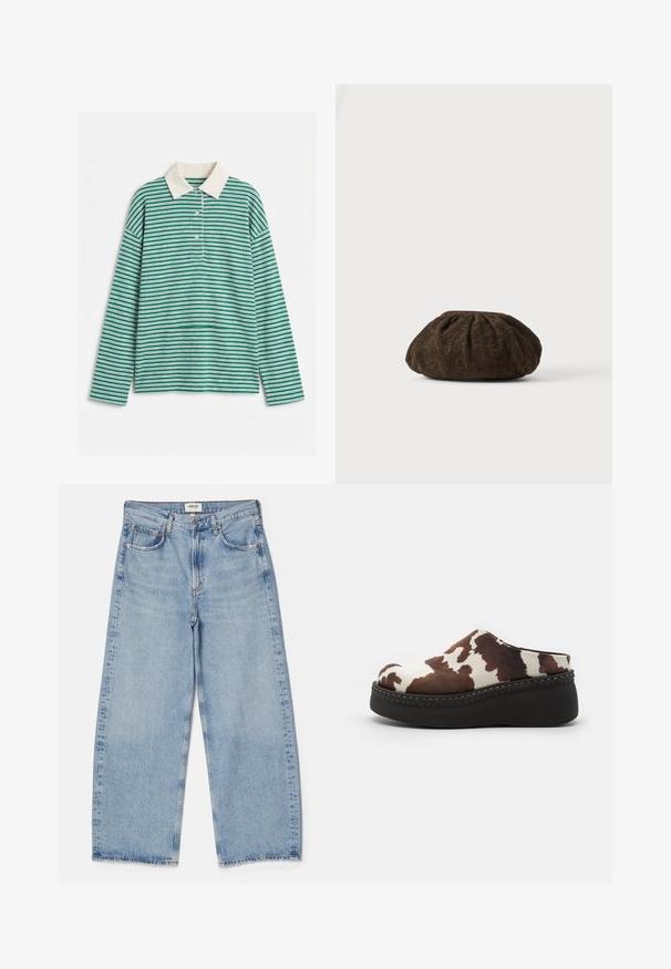 Grøn- og hvidstribet langærmet polo med hvid krave og tre hvide knapper på fronten.; Agolde Baggy jeans - light-blue denim; Brune og hvide ko-print platform-træsko med en blød overdel, rund tå og en holdbar sort gummisål. Sømløs detaljering ved bunden.; Brun tekstureret stofberet med subtilt blomstret blonde mønster, samlet i toppen, hvilende på en hvid overflade.
