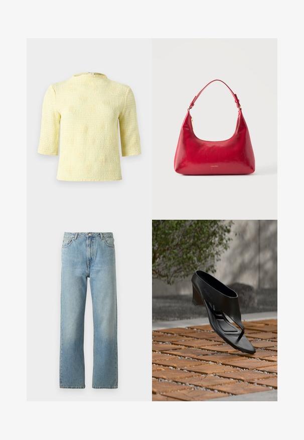 Leicht strukturierte, kurzärmelige Bluse in blassgelb mit hohem Kragen und dezentem Punktemuster. Verfügt über einen Rückenverschluss für einfaches An- und Ausziehen.; Hellblaue Denim-Jeans mit geradem Bein, ausgestattet mit einem Fünf-Taschen-Stil und einem Knopfverschluss am Bund.; Schwarze High-Heeled Sandale mit Zehensteg, schwebend über einer gemusterten Holz- und Kiesaußenfläche mit verschwommenem Grün und Wand im Hintergrund.; Rote Lederschultertasche mit goldenem Reißverschluss und verstellbarem Schulterriemen, Calvin Klein Logo mittig vorne.