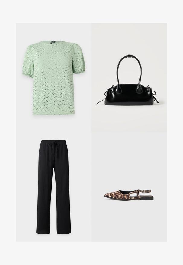 Blouse vert clair à manches courtes avec motif œillet en chevron et manches bouffantes, encolure ronde et poignets élastiqués.; Pantalon large noir avec texture, taille élastique et cordon à nouer à l'avant, présenté sur un fond uni.; Ballerine à enfiler en imprimé léopard, avec un bout pointu, des côtés ouverts et un petit talon noir. Le matériau semble lisse avec un léger éclat.; Petit sac à main noir brillant avec deux longues anses et des détails à cordon sur les côtés sur un fond clair uni.