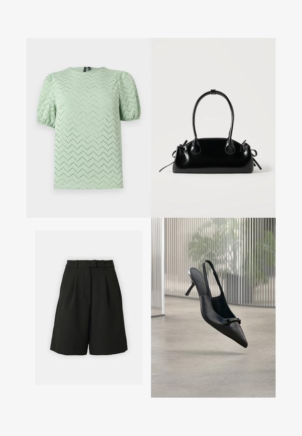 Lichtgroene blouse met korte mouwen met een chevron-oogjespatroon en pofmouwen, ronde hals en elastische manchetten.; Vero Moda Tall VMBECCA BERMUDA - Shorts - black; Zwarte, gestructureerde leren slingback hoge hak schoen met een puntige neus en een kleine decoratieve gesp, zwevend boven een gladde vloer.; Kleine zwarte glanzende handtas met twee lange hengsels en zijkant trekkoord details op een effen lichte achtergrond.
