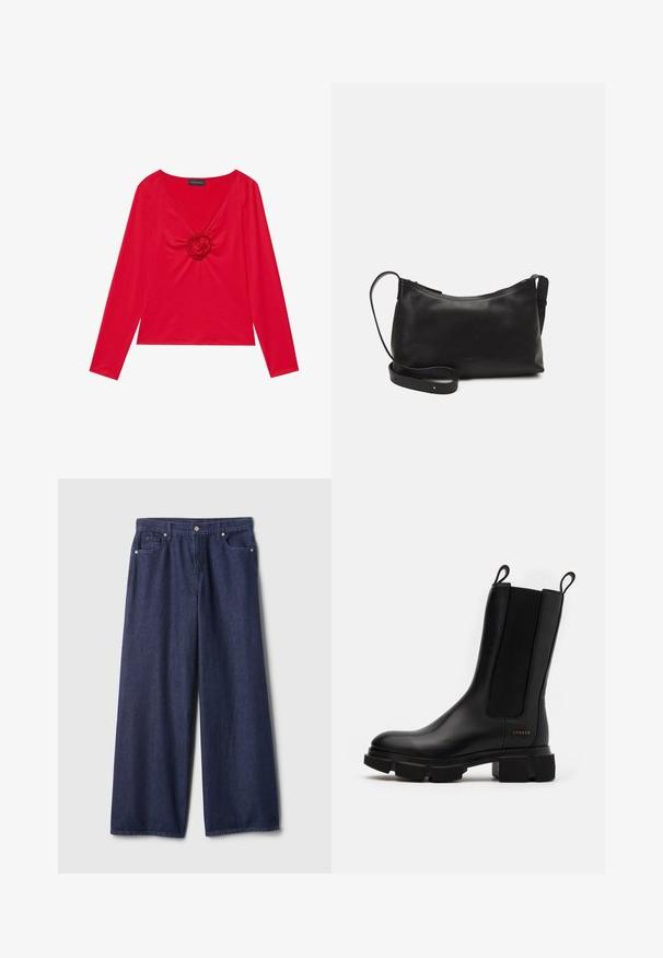 Haut rouge à manches longues avec un décolleté en V et un détail central en rose. Fabriqué en tissu lisse avec une silhouette ajustée. Étiquette de marque visible au niveau de l'encolure.; Jean denim bleu foncé à jambes larges avec une texture lisse, design à cinq poches, fermeture par bouton métallique et détails cousus le long des coutures.; Bottine en cuir noir à panneaux élastiques sur les côtés, semelle en caoutchouc épaisse et tirants. Présente un logo subtilement embossé sur le côté.; Sac à épaule en cuir noir avec une texture lisse, une forme courbée, une bandoulière ajustable et une fermeture éclair. Design minimaliste sans embellissements.