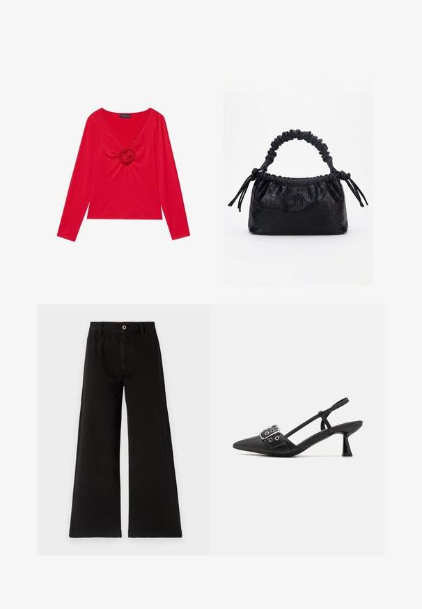 Top rojo de manga larga con escote en V y un detalle central de rosa. Fabricado en un tejido suave con una silueta ajustada. Etiqueta de la marca visible en el escote.; Pantalones anchos negros, hechos de algodón texturizado, presentan un cierre de botón en la parte frontal, trabillas para el cinturón y dobladillos rectos con detalles de costura limpia.; Simmi London DALA - Tacones - black; Bolso negro con textura de cocodrilo, borde superior fruncido, asa recogida y cordones con borlas en cada lado sobre un fondo blanco.