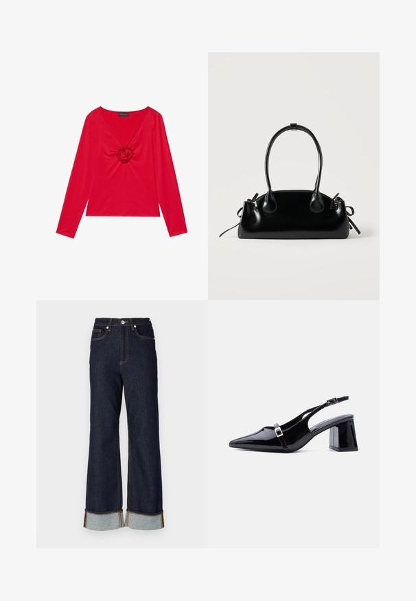 Rød langærmet top med V-hals og en central rose detalje. Fremstillet af glat stof med en tætsiddende silhuet. Brandmærke synligt ved halsudskæringen.; Mørk denim brede benbukser med raw kant, kontrasterende orange syninger og to frontlommer; opfoldede manchetter afslører lysere denim nedenunder.; Sort laklæder slingback-hæl med spids tå, lav blokhæl og to små sølvspænder på stropperne.; Lille sort blank håndtaske med to lange håndtag og snøre-detaljer i siden på en ensfarvet lys baggrund.