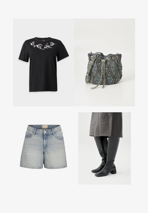 Camiseta negra de manga corta con diseño bordado en blanco de mariposa y enredadera en la parte superior del pecho y el escote.; Shorts de mezclilla azul claro con una cintura alta, que cuentan con un cierre de botón, cinco bolsillos y un ligero desgaste para un aspecto texturizado.; Botas negras de cuero hasta la rodilla con punta cuadrada, tacón de bloque inclinado y cremallera lateral; textura lisa y diseño ajustado.; Bolso tipo cubo de denim con patrón de rombos acolchado, cierre de cordón gris, acentos metálicos plateados y textura suave, que cuenta con una correa removible.