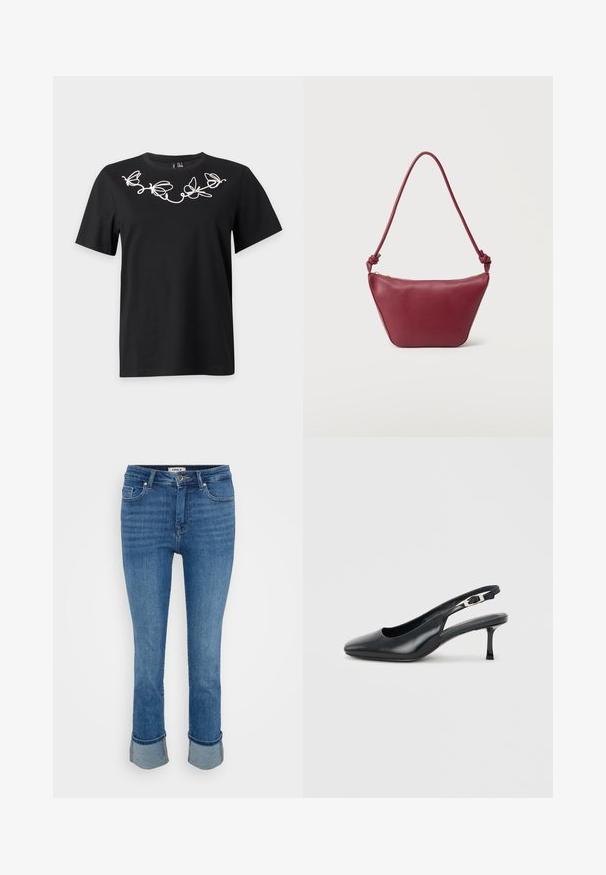 Sort T-shirt med korte ærmer med hvid broderet sommerfugl og vintre-design over den øverste del af brystet og halsudskæringen.; Blå denim jeans med forlommer, knaplukning og oprullede bukseben på en ensfarvet lys baggrund.; Sort læder slingback-sko med spids snude, lav, slank kittenhæl og justerbar spænde på en ensfarvet lys baggrund.; Lille skuldertaske i bordeaux læder med knyttet rem og lynlåslukning øverst mod en ensartet lys baggrund.