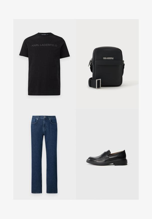 Camiseta de algodón negra con mangas cortas, que presenta un logo en relieve de "KARL LAGERFELD" en la parte frontal. Cuello redondo con una textura suave.; Jeans de denim azul oscuro con corte recto, que cuentan con un cierre frontal de botón, presillas para cinturón y un diseño de bolsillo estándar.; Zapato de vestir negro de cuero sin cordones con tacón bajo y un sutil logo de Calvin Klein en el lateral, mostrado en perfil sobre un fondo blanco.; Bolso bandolera negro compacto con correa ajustable y bolsillo delantero, con el logo blanco de Karl Lagerfeld y texto con la dirección de París.