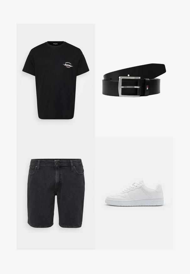 Schwarzes Baumwoll-T-Shirt mit Rundhalsausschnitt, kurzen Ärmeln und einem weißen, gedruckten Logo auf der linken Brust. Klassischer Schnitt und glatte Textur.; Schwarze Denim-Shorts mit klassischem Design, ausgestattet mit einer Frontknopfleiste, Gürtelschlaufen und Fünf-Taschen-Style. Leicht ausgewaschene Textur.; Weiße Sneaker aus glattem Synthetikmaterial, ausgestattet mit flachen Schnürsenkeln, perforierter Zehenpartie und einer gummierten Sohle mit einem strukturierten Grip-Muster.; Schwarzer Leder-Gürtel mit einer silbernen Metallschnalle und einem einzelnen Dorn. Er verfügt über eine Logo-Akzentuierung in Rot, Weiß und Blau in der Nähe der Schnalle.