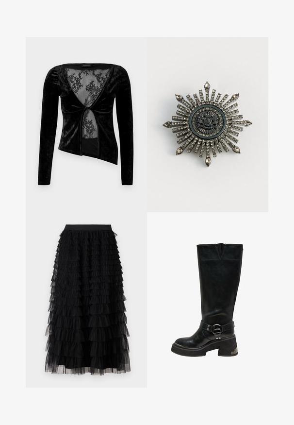 Zwarte fluwelen langetermijn-topt met een diepe halslijn, voorzien van een kantinzet en een gedraaide voorkant. Glad textuur, aansluitend ontwerp.; Vero Moda VMNAJA Mid waist Long - Maxirok - black; Zwarte leren kniehoogte laars met een stevige blokhak, zilveren ringdetail op de enkelband en metalen accent aan de hielzijde.; Stervormige broche van zilverkleurig metaal met transparante rhinestones. Het centrale ontwerp heeft een ronde embleem met complexe details.