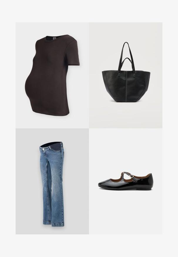 Schwarzes geripptes kurzärmeliges Umstandsshirt mit rundem Halsausschnitt, das über den Babybauch passt.; Hellblaue Jeans aus Denim mit einem Schlagdesign, ausgestattet mit einem dunklen Bund und Fünf-Taschen-Style, abgerundet mit sichtbaren Nähdetails.; Schwarzer Mary Jane flacher Schuh aus Lackleder mit zwei Ausstanzungen und einem goldfarbenen Schnallenriemen auf weißem Hintergrund.; Schwarze Ledertasche mit zwei Griffen und kontrastierend weißer Naht, mit einer breiten, strukturierten Form und zentralen Nahtdetails.