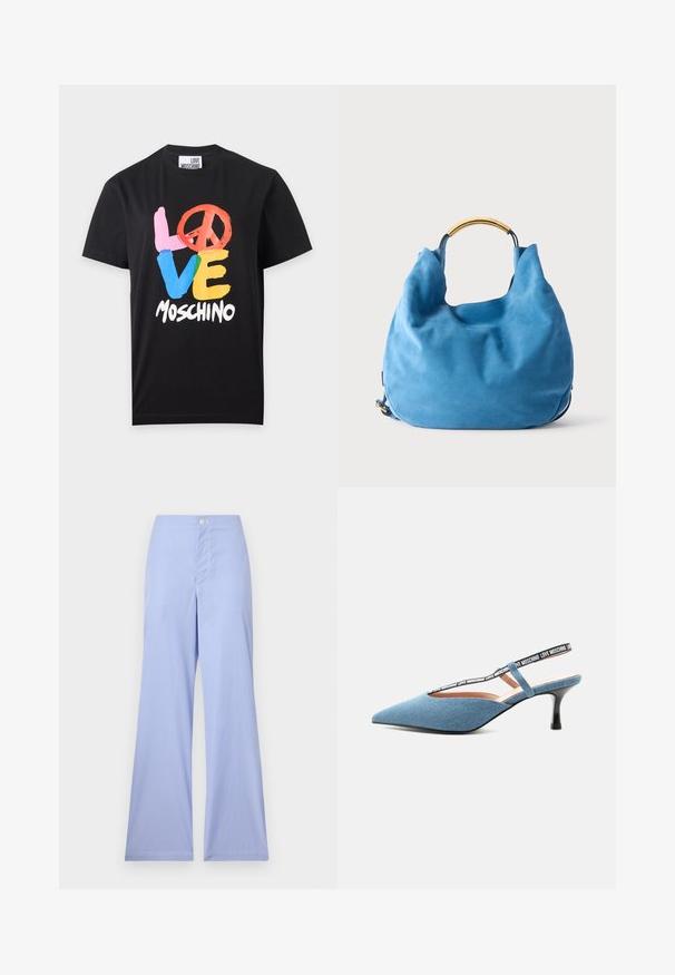 T-shirt noir à manches courtes avec le texte coloré "LOVE", symbole de paix en forme de O, et "Moschino" blanc en dessous à l'avant.; Pantalons larges rayés bleu et blanc, avec une taille haute, ajustés en haut, dotés d'une fermeture à bouton à l'avant et d'une texture lisse.; Escarpin slingback bleu à bout pointu et talon kitten avec bride noire comportant le texte blanc « Love Moschino » sur fond clair.; Sac à main en daim bleu doux avec une poignée en métal doré incurvée et une forme arrondie et décontractée sur un fond clair uni.