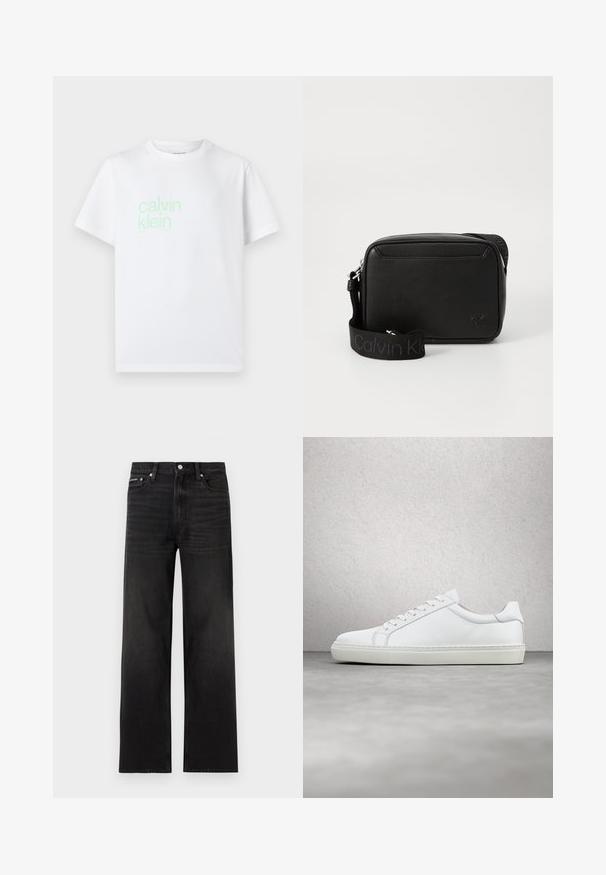Witte katoenen t-shirt met korte mouwen. Voorzien van een lichtgroen "calvin klein" logo dat op de voorkant is gedrukt. Standaard ronde halsontwerp.; Zwarte jeans met rechte pijpen, vijf zakken, riemlussen en knoopsluiting, weergegeven op een witte achtergrond.; Witte sneaker met een gladlederen bovenwerk en een laag profiel. Voorzien van een ronde neus, zes vetergaatjes en een gestructureerde rubberen zool.; Zwarte leren schoudertas met textuur, voorzien van een brede Calvin Klein-gemerkte stoffen schouderband en een klein, verhoogd cK-logo aan de voorkant.