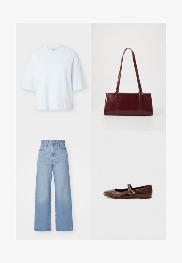 Lichtblauw uniseks T-shirt met korte mouwen, een ronde hals en een losse pasvorm, weergegeven tegen een effen lichtgrijze achtergrond.; Lichtblauwe high-waist wijde jeans met een knoop- en ritssluiting aan de voorkant, voor- en achterzakken, op een witte achtergrond.; Bruine gepatineerde leren balletschoen met een vierkante neus en een bandje met een kleine gouden gesp. Gladde textuur, lage hak en minimalistisch ontwerp.; Bourgondische handtas van glanzend materiaal, rechthoekige vorm, met twee schouderbanden en subtiele gebogen accenten aan de voorkant.
