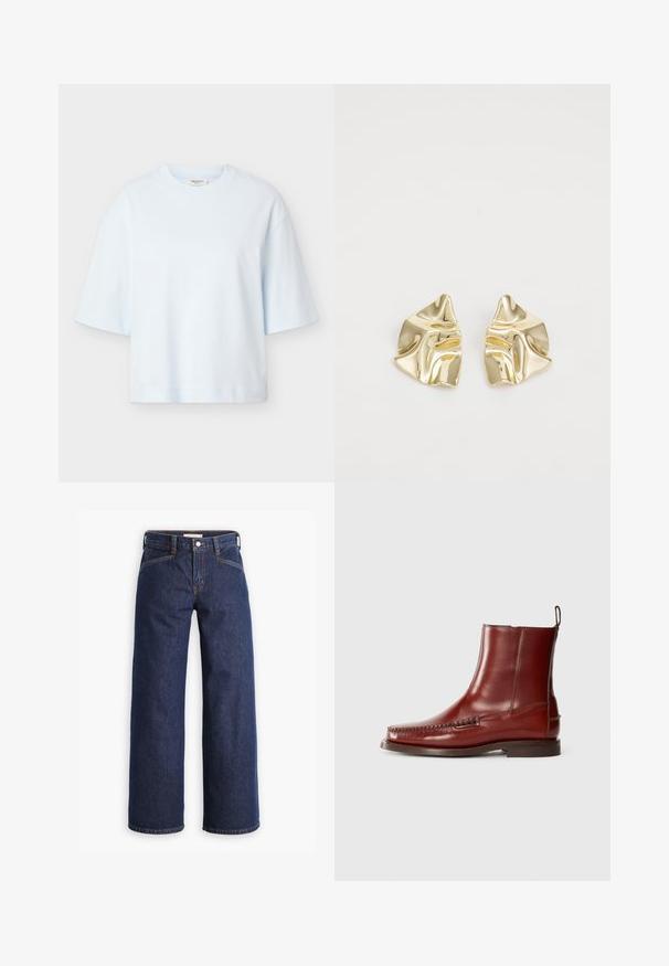 Lyseblå unisex T-shirt med korte ærmer, rund hals og afslappet pasform, vist på en ensartet lys grå baggrund.; Mørkeblå denim jeans med høj talje, bred benklipp og diskret orange syninger. Har knap- og lynlåslukning foran.; Læder ankelstøvler i mørkerød, med en syet tå, glat finish og en lav blokhæl med en træksløjfe for nem påtagning.; Guldmetalløreringe med et bølget design; glat, reflekterende overflade; asymmetrisk form; ingen synlige mønstre eller hardware.