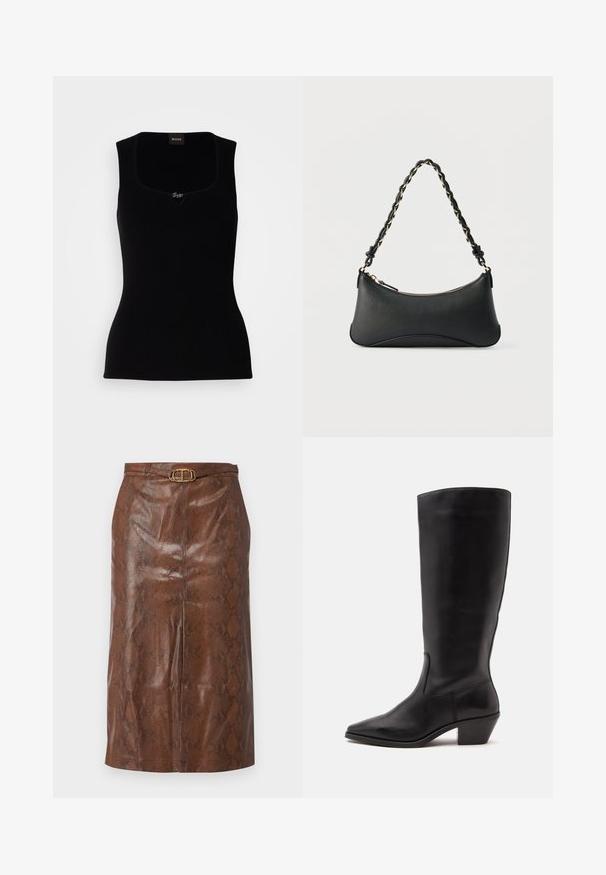 Sort ribbet tanktop med firkantet udskæring, der har en lille logoaccent i midten. Lavet af et blødt, tekstureret materiale.; Brun imitation læder blyantskirt med slangeskinds mønster, der har en gylden oval spænde og en tætsiddende silhuet. Glat tekstur og knælang.; Sort læderstøvle til midtkalv med spids tå og lavt skråt hæl på en enkel lys baggrund.; Sort skuldertaske i læder med en buet rektangulær form, gyldent kæde vævet ind i en flettet sort rem og toplynlås.