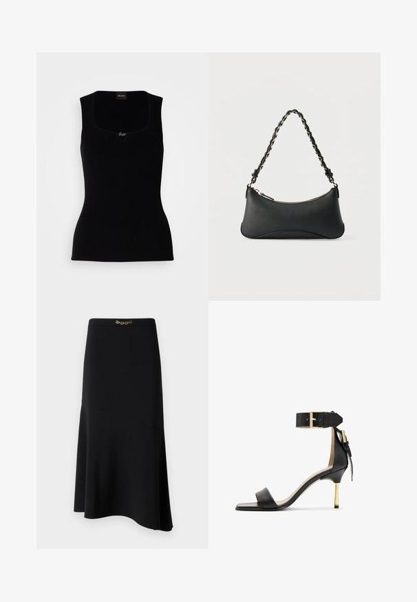 Débardeur noir côtelé avec un décolleté carré, arborant un petit logo en accent au centre. Confectionné dans un matériau doux et texturé.; Jupe midi noire avec une forme évasée, fabriquée en tissu lisse, présentant un accent décoratif en chaîne dorée à la taille.; Sandale à talon en cuir noir avec un bout carré, une bride de cheville dotée d'une boucle en or et un talon métallique fin. Texture lisse, design minimaliste.; Sac à bandoulière en cuir noir de forme rectangulaire incurvée, avec une chaîne dorée tissée dans la bandoulière noire tressée et une fermeture éclair sur le dessus.