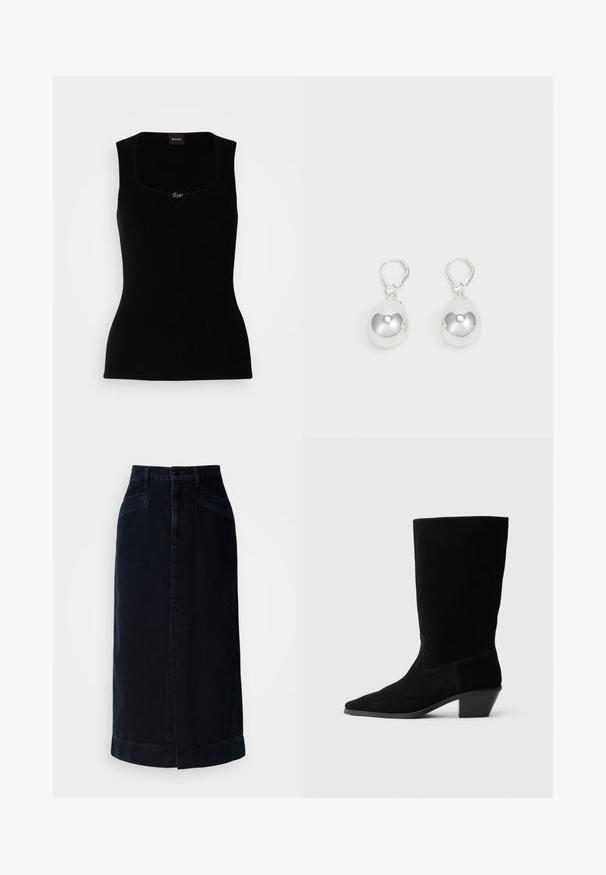 Sort ribbet tanktop med firkantet udskæring, der har en lille logoaccent i midten. Lavet af et blødt, tekstureret materiale.; Mørk denim midi nederdel med høj talje, frontknaplukning og sidelommer; har en lige skæring og en subtil kantdetalje.; Sort ruskind ankelstøvle med spidse tæer, mellemhøj skaft og en chunky hæl. Fuldender et minimalistisk design med lidt syninger og en glat tekstur.; Sølv dråbeøreringe med glatte, runde, reflekterende overflader hængende fra svingelukkede låse. Baggrunden er helt hvid.