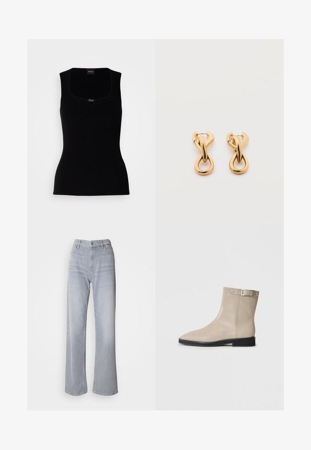 Sort ribbet tanktop med firkantet udskæring, der har en lille logoaccent i midten. Lavet af et blødt, tekstureret materiale.; Lys grå vidde jeans med høj talje, lavet af denim. Har forlommer, lynlås og subtil falmen over det hele.; Beige læder ankelstøvle med spids tå, sort sål, lav hæl og guld spænde rem på ydersiden, vist på hvid baggrund.; Par af skinnende guldfarvede hoop-øreringe med snoet, flettet design på en enkel hvid baggrund.