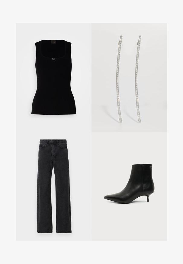 Sort ribbet tanktop med firkantet udskæring, der har en lille logoaccent i midten. Lavet af et blødt, tekstureret materiale.; Sorte denimjeans med bred ben-design, der har en klassisk fem-lomme stil, knaplukning og diskret falmning.; Sort læder ankelstøvle med spids tå og lav kitten hæl på lys baggrund, der viser yderside.; Sølvfarvede, aflange øreringe med buet design, der har en række klare krystaller langs de ydre kanter for ekstra glans.