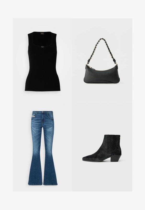 Sort ribbet tanktop med firkantet udskæring, der har en lille logoaccent i midten. Lavet af et blødt, tekstureret materiale.; Flared jeans i mellemblå denim med høj talje, fem-lomme design og subtile whiskering-detaljer ved lårene.; Sort ankelstøvle med spidse tæer, tekstureret håragtigt materiale, ribbet sidepanel og en lav, firkantet hæl. Simpelt og moderne design.; Sort skuldertaske i læder med en buet rektangulær form, gyldent kæde vævet ind i en flettet sort rem og toplynlås.