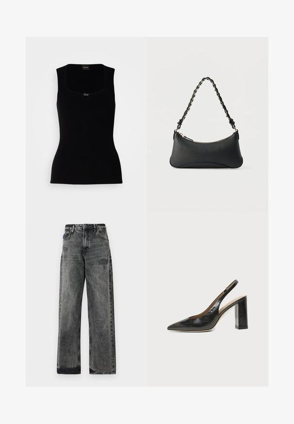 Sort ribbet tanktop med firkantet udskæring, der har en lille logoaccent i midten. Lavet af et blødt, tekstureret materiale.; Bredde ben sorte denimjeans med en falmet vask, slidte detaljer foran og standard fem-lomme design.; Sort læder peep-toe slingback sko med høj blokhæl og beige indvendig foring mod en ensfarvet lys baggrund.; Sort skuldertaske i læder med en buet rektangulær form, gyldent kæde vævet ind i en flettet sort rem og toplynlås.