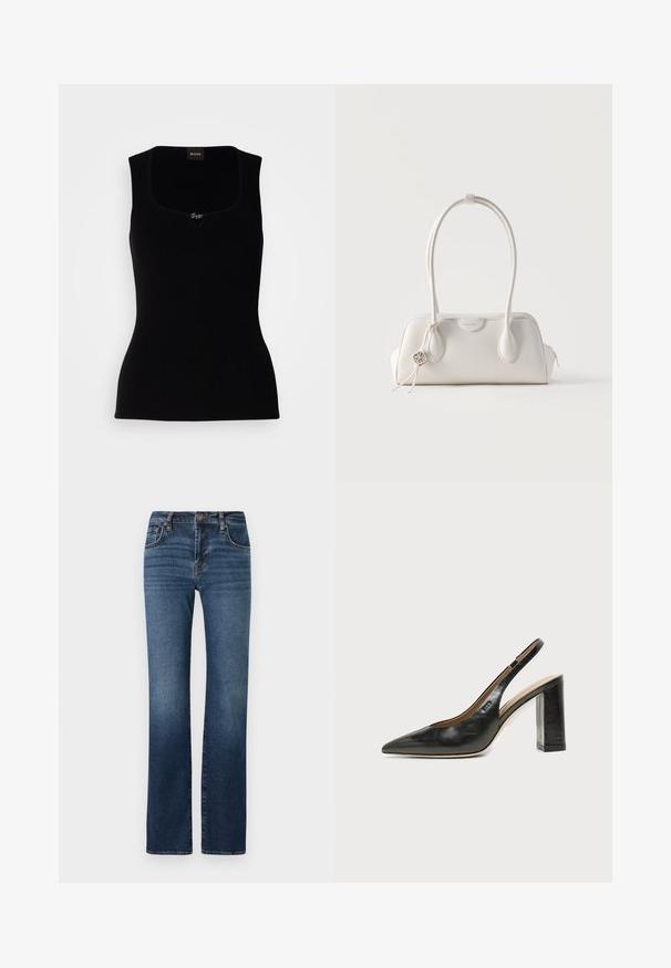 Schwarzes geripptes Tanktop mit quadratischem Ausschnitt, versehen mit einem kleinen Logo-Akzent in der Mitte. Hergestellt aus einem weichen, strukturierten Material.; Dunkelblaue Denim-Jeans mit einem geraden Bein-Design, hoher Taille, dezentem Verblassen, fünf Taschen und Metallknopfverschluss.; Schwarzer Leder-Slingback-Schuh mit spitzer Kappe, hohem Blockabsatz und beigegefüttertem Innenraum vor hellem, einfarbigem Hintergrund.; Kleine weiße Lederhandtasche mit zwei langen Tragegriffen, silbernem Logoanhänger und Reißverschluss auf jeder Seite, vor einem schlichten weißen Hintergrund.
