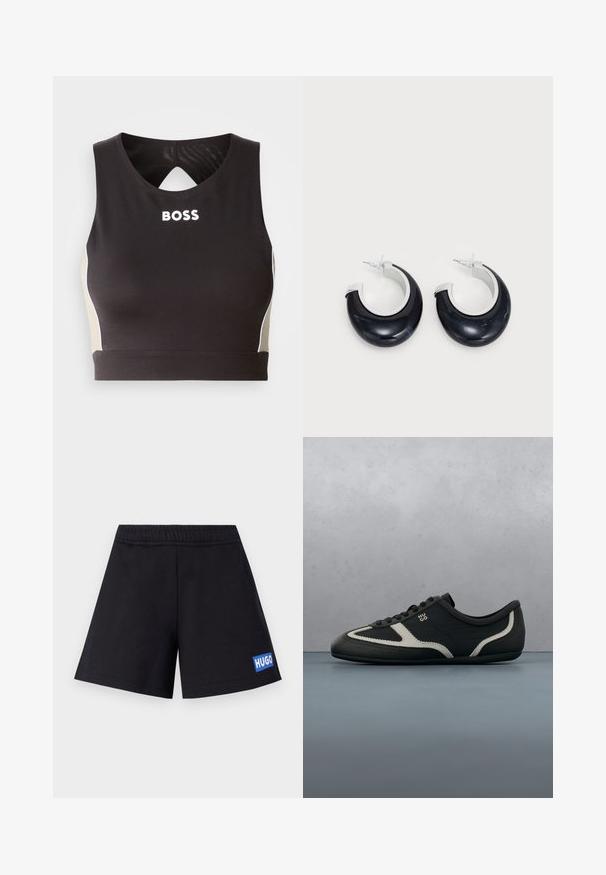 Top deportivo negro de corte crops con un respaldo en forma de ojal, que presenta la inscripción "BOSS" en blanco y acentos beige en los laterales. Fabricado con un tejido elástico y suave.; Pantalones cortos negros de corte relajado, con cintura elástica y logo azul "HUGO" en el muslo izquierdo; fabricados con material suave y transpirable.; Zapatilla negra con empeine de cuero texturizado, acentos grises contrastantes, puntera redonda y suela plana. Cuenta con cordones y logo de la marca en el lateral.; Pendientes de aro de resina negra con acabado brillante y acentos de hardware en tono plateado. Forma circular con un corte y cierre a presión.