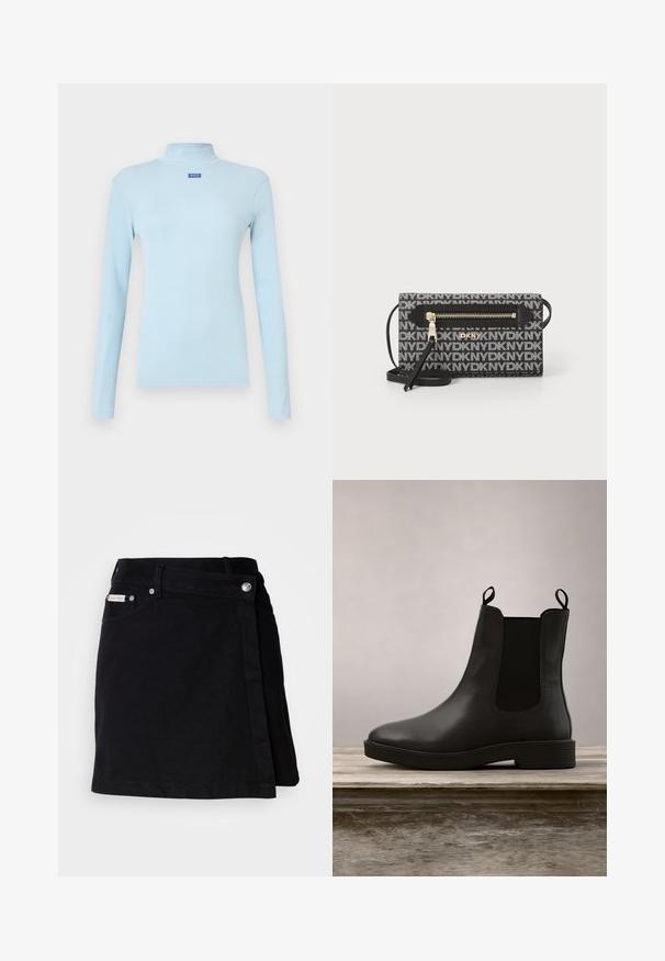 Lys blå langærmet rullekravetrøje lavet af ribstrikket stof, med en lille blå logo på brystet og en tætsiddende pasform.; Sort denim mini nederdel med et omslag design, der har en front knappelukning, subtile syninger og et lille mærke ved taljen.; Sort læder ankelstøvle med elastiske sidepaneler og en lav hæl, der har en glat finish og rund tå, placeret over en træsør.; Sort og hvid taske med gentagne "DKNY" logoer, vandret lynlås lomme, hardware i gyldent tone, tekstureret stof og aftagelig skulderrem.