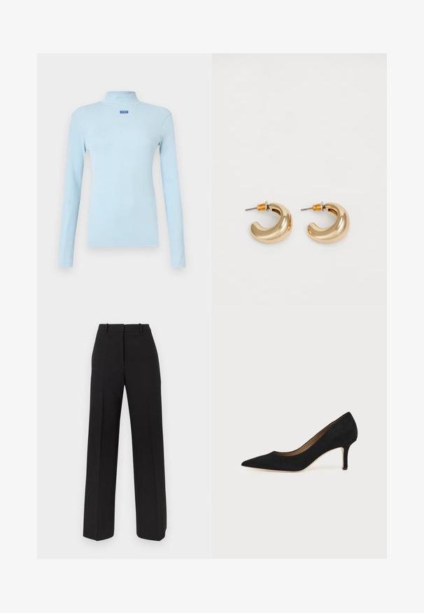 Haut à col roulé à manches longues bleu clair en tissu côtelé, avec un petit logo bleu sur la poitrine et une coupe ajustée.; Pantalon noir à jambes larges en tissu lisse, avec une taille haute, deux plis avant et des poches latérales discrètes.; Escarpin en daim noir à bout pointu avec un talon stiletto fin de hauteur moyenne et un design à coupe basse sur un fond uni.; Deux boucles d'oreilles en forme de cerceau en or brillant, avec un design courbé, présentant des accents orange près de la tige, sur fond blanc uni.