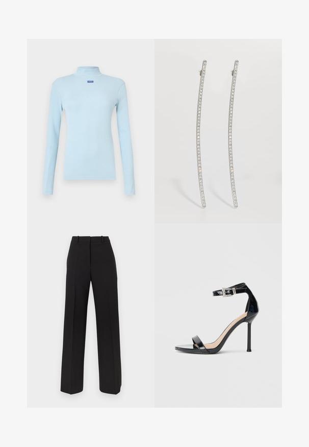 Haut à col roulé à manches longues bleu clair en tissu côtelé, avec un petit logo bleu sur la poitrine et une coupe ajustée.; Pantalon noir à jambes larges en tissu lisse, avec une taille haute, deux plis avant et des poches latérales discrètes.; Sandale à talon haut en cuir verni noir avec bride à la cheville. Présente un design minimaliste, un bout ouvert et une boucle ornée de strass.; Boucles d'oreilles allongées en ton argenté avec un design incurvé, ornées d'une rangée de cristal clair le long des bords extérieurs pour plus d'éclat.