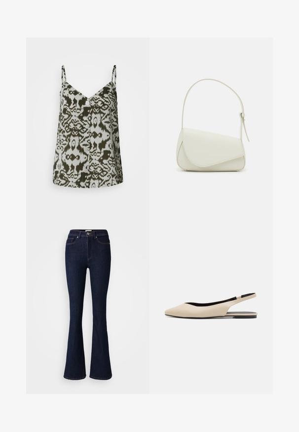 Satin cami-top med v-hals, justerbare stropper og et grønt og hvidt abstrakt mønster med en knapdetalje foran.; Vidde mørkeblå denimjeans med høj talje, knaplukning samt for- og baglommer. Glat tekstur med kontrasterende syningsdetaljer.; Beige læder slingback flade sko med spidse tæer, minimalisk design, glat tekstur og en lav sort sål.; Hvid taske i faux læder med en struktureret trekantet form, enkelt justerbart skulderstrop og en flaplås med kurver.