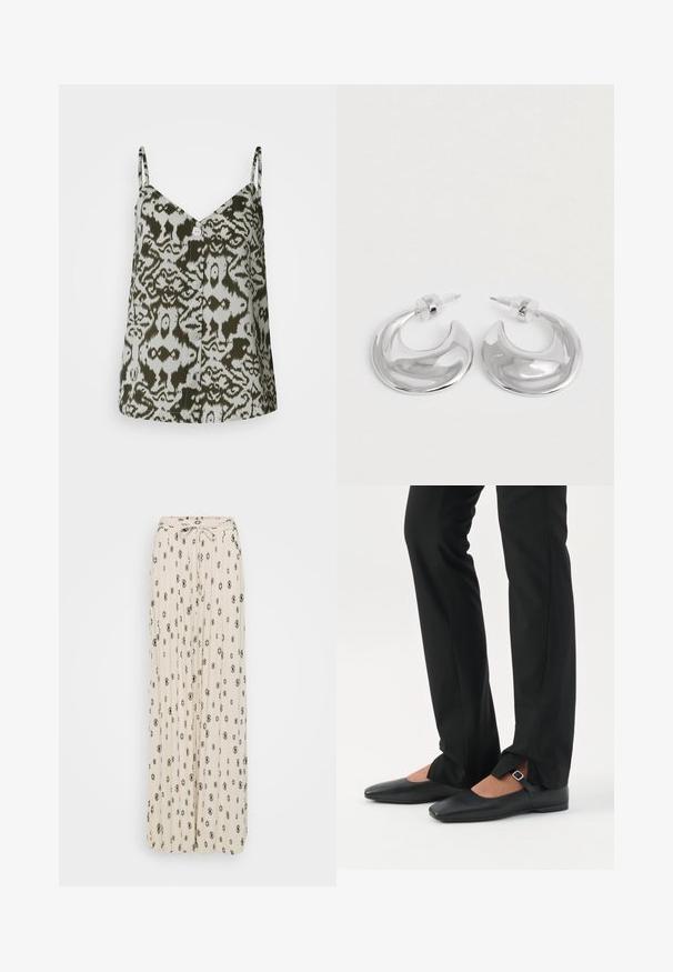 Débardeur en satin avec décolleté en V, bretelles réglables et un motif abstrait vert et blanc avec un détail bouton à l'avant.; Jupe maxi crème avec des motifs en losange noirs et floraux, en tissu plissé, avec un détail de taille à nouer et un design fluide.; Jambes vêtues d’un pantalon slim noir avec des fentes à l’avant de l’ourlet, assorties à des chaussures plates Mary Jane noires avec une petite bride à boucle.; Une paire de boucles d'oreilles en croissant argenté poli avec des supports en plastique transparent sur une surface blanche.
