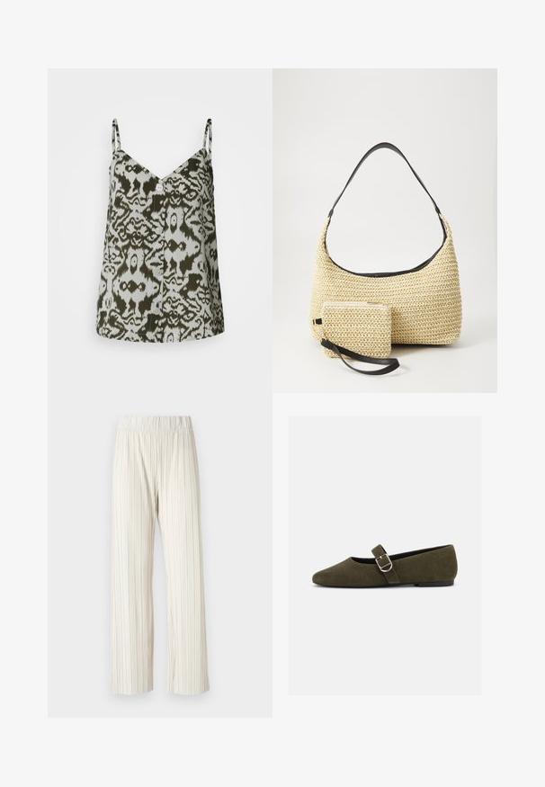 Débardeur en satin avec décolleté en V, bretelles réglables et un motif abstrait vert et blanc avec un détail bouton à l'avant.; Pantalons larges plissés en beige clair, dotés d'une taille élastique. Fabriqués en tissu léger avec une texture verticale sur toute la surface.; Chaussure plate Mary Jane en daim vert olive avec bride à boucle argentée et bout arrondi, présentée sur fond blanc.; Sac à main en paille tissée avec une silhouette courbée, doté d'une bandoulière en cuir noir lisse et d'une petite pochette assortie attachée par une sangle pour le poignet.