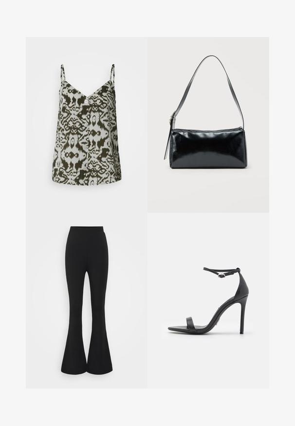 Satin cami-top med v-hals, justerbare stropper og et grønt og hvidt abstrakt mønster med en knapdetalje foran.; Sorte flared bukser lavet af et strækbart stof. Designet har en høj talje og en flared nedre kant, der åbner sig under knæet.; Sorte højhælede sandaler med åben tå, tynde stropper og spænde om anklen. Glat lædertekstur med spidse tådesign.; Sort rektangulær skuldertaske med en enkelt justerbar rem og lynlås i toppen på en ensfarvet baggrund.