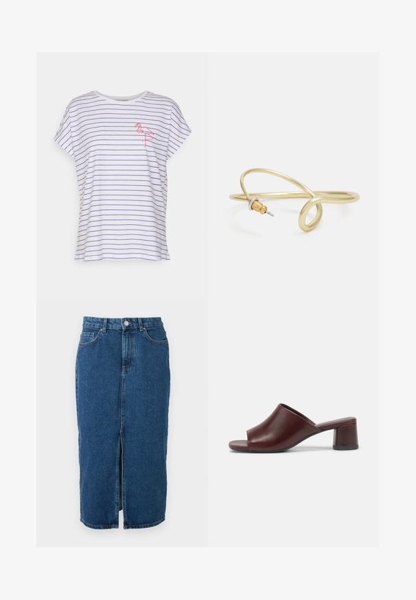 Weißes T-Shirt mit horizontalen blauen Streifen, kurzen Ärmeln, einer lässigen Passform und einer gestickten pinken Flamingo auf der linken Brust.; Midilanger blauer Denimrock mit mittigem Frontschlitz, Gürtelschlaufen, Vordertaschen und Knopfverschluss in der Taille.; Dunkelburgunderfarbene, offene Sandalen aus glattem Leder mit einem abgerundeten Design und einem stabilen Blockabsatz. Seitliche Ansicht gezeigt.; Goldfarbener Metallarmreif mit fließendem, geschwungenem Design. Er verfügt an einem Ende über einen kleinen, auffälligen, silberfarbenen Akzent.