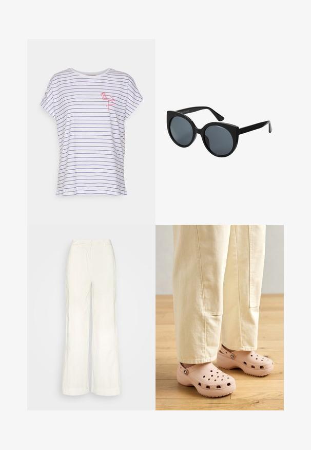 Weißes T-Shirt mit horizontalen blauen Streifen, kurzen Ärmeln, einer lässigen Passform und einer gestickten pinken Flamingo auf der linken Brust.; Sofie Schnoor TROUSERS - Stoffhose - cream; Helle rosa Clogs aus Gummi, mit Belüftungslöchern, einer konturierten Form und einer strukturierten Sohle für Halt. Getragen mit hellbeigen Hosen.; Schwarze übergroße Sonnenbrille mit Katzenaugenform, dunkel getönten Gläsern und glänzendem Kunststoffrahmen. Verfügt über dicke Bügel für Unterstützung.