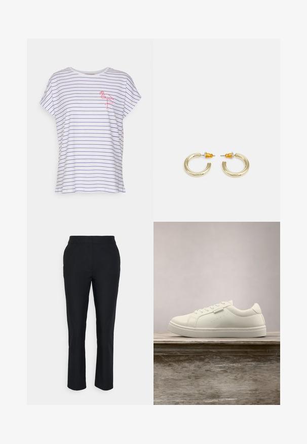 Camiseta blanca con rayas horizontales azules, de manga corta, un corte relajado y un bordado de flamenco rosa en el lado izquierdo del pecho.; Pantalones negros ajustados con pierna recta, hechos de una tela suave. Presentan una cinturilla sin cierres visibles ni bolsillos.; Zapatilla blanca de cuero con cordones flotando sobre un banco de madera, con hierba alta verde desenfocada al fondo en un entorno al aire libre.; Pendientes de aro en tono dorado con una forma suave y redondeada y un acabado pulido. Presentan acentos naranjas en la parte trasera para un ajuste seguro.