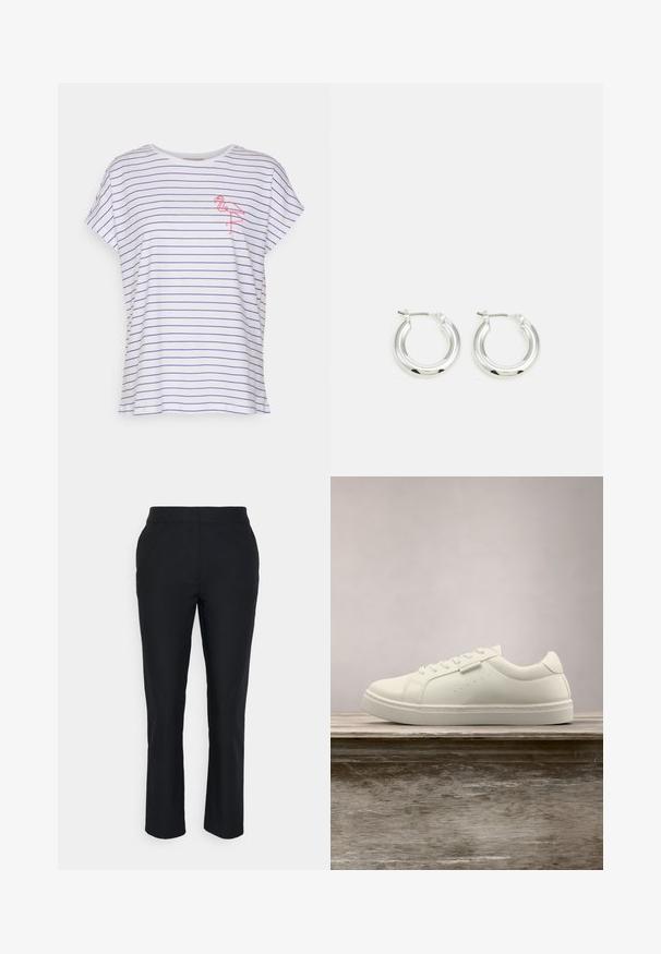 Witte T-shirt met horizontale blauwe strepen, korte mouwen, een relaxte pasvorm en een geborduurde roze flamingo op de linkerborst.; Zwarte op maat gemaakte broeken met een rechte pijp, gemaakt van soepel materiaal. Heeft een tailleband zonder zichtbare sluitingen of zakken.; Witte leren sneaker met veters die boven een houten bank zweeft, met groen lang gras dat op de achtergrond vervaagd is in de buitenlucht.; Zilveren oorbellen in de vorm van een ring met een gepolijste afwerking, met een cirkelvorm en een scharnierende postsluiting. Glad oppervlak met minimale details.