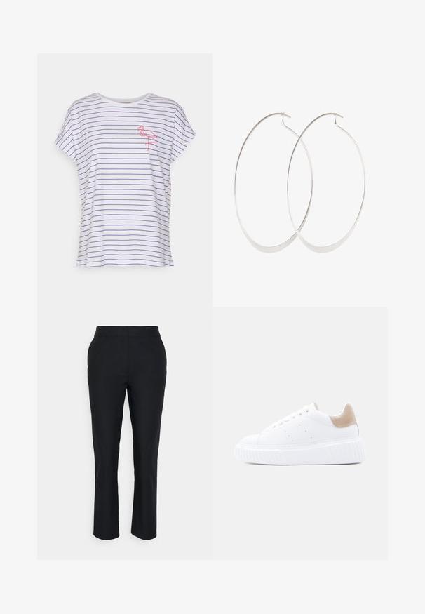 Camiseta blanca con rayas horizontales azules, de manga corta, un corte relajado y un bordado de flamenco rosa en el lado izquierdo del pecho.; Pantalones negros ajustados con pierna recta, hechos de una tela suave. Presentan una cinturilla sin cierres visibles ni bolsillos.; Zapatilla de cuero blanca con suela gruesa y lengüeta de tacón en ante beige, vista desde un lado sobre un fondo claro y sencillo.; Pendientes de aro plateados con un diseño delgado y suave; forma ovalada alargada; acabado pulido; presentan un cierre de gancho seguro.