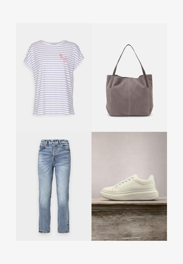 Witte T-shirt met horizontale blauwe strepen, korte mouwen, een relaxte pasvorm en een geborduurde roze flamingo op de linkerborst.; Lichtblauwe spijkerbroek met een rechte pasvorm, hoge taille, vervaagde textuur en vijf zakken. Voorzien van een metalen knoop en ritsluiting.; Witte leren sneaker met ronde neus, gladde textuur en contrasterende veters. Heeft ventilatiegaten en een dikke rubberen zool voor comfort.; Grijze suède tote bag met twee donkere leren hengsels. Kenmerkt zich door gestikte details aan de zijkanten, een zachte textuur en een ruime opening.