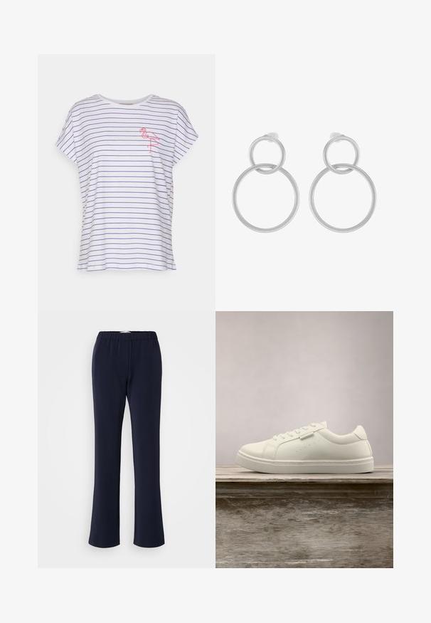 Witte T-shirt met horizontale blauwe strepen, korte mouwen, een relaxte pasvorm en een geborduurde roze flamingo op de linkerborst.; Marineblauwe, rechte broek van rekbare stof met elastische tailleband en twee voorzakken. Soepele textuur, zonder zichtbare patronen.; Witte leren sneaker met veters die boven een houten bank zweeft, met groen lang gras dat op de achtergrond vervaagd is in de buitenlucht.; Zilveren metalen oorbellen met twee in elkaar grijpende cirkels, een grotere en een kleinere, met een geborstelde afwerking en schroefsluitingen.