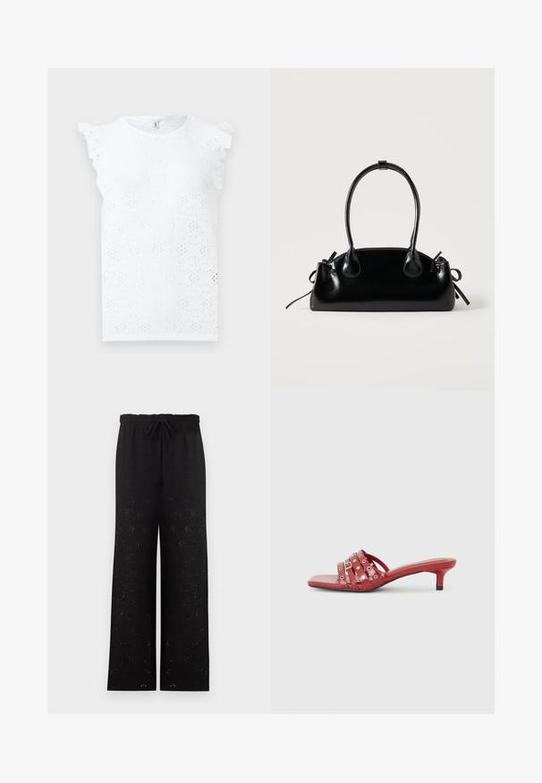 Haut blanc sans manches avec motifs floraux en œillet et détails à volants aux épaules sur fond uni.; Pantalon noir à jambes larges avec taille élastiquée et cordon noué, présentant un motif floral œillet discret sur l’ensemble.; Mules rouges à bout ouvert avec un petit talon, présentant plusieurs lanières horizontales avec des accents ronds. Fini lisse et brillant. Forme de bout carrée.; Petit sac à main noir brillant avec deux longues anses et des détails à cordon sur les côtés sur un fond clair uni.